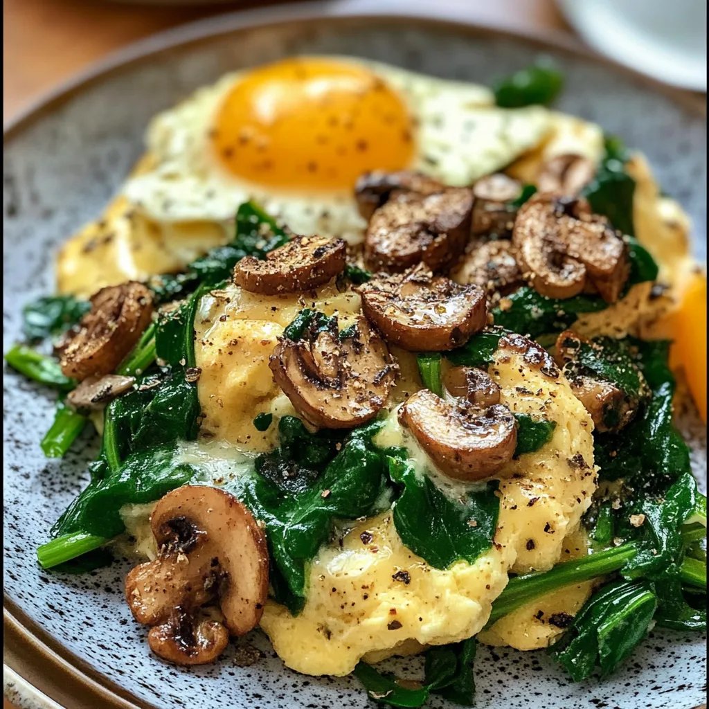 Rührei mit Pilzen und Spinat